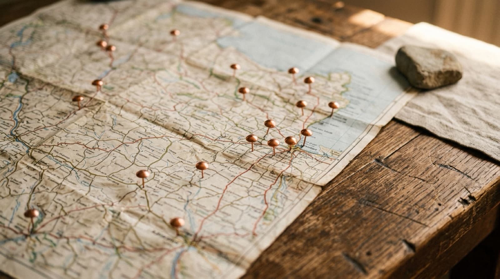 Carte dépliée sur une table de bois, marquée d’épingles à tête cuivrée.